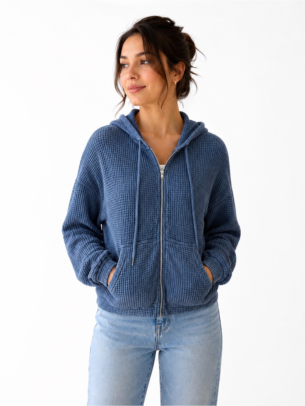 Pink Rose Waffle Knit Zip Up Hoodie Jacket Blue XS